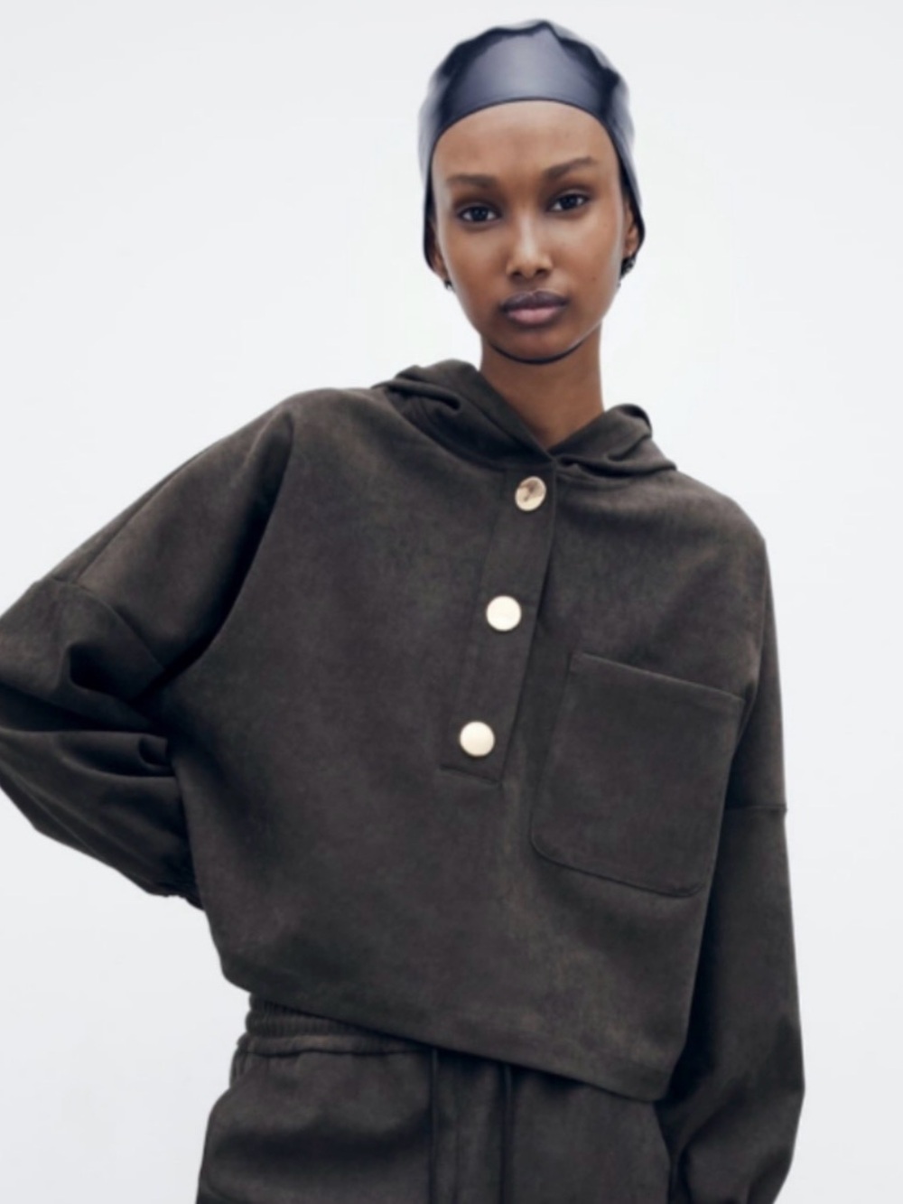 Zara Olive Suede-Look Cropped Hoodie with Gold Buttons
